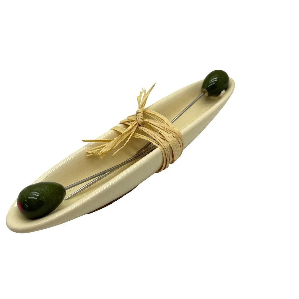 Olive Dish and Pick Set Small Cream Green MCM Style